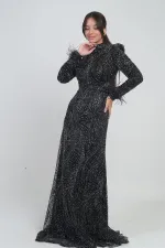 Robe longue en tulle pour femme avec doublure ornée de plumes, de perles et de sequins