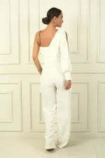 Kadın Tek Kollu Taşlı İp Askılı Bel Dekolteli Krep Tulum