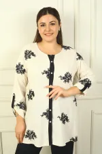 Chemise en lin brodée BB pour femme, manches repliées