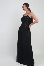 Pantalon palazzo en mousseline doublée, taille élastique, bordure latérale à sequins, pour femme