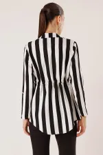 Beli İpli Kol Katlamalı Boyuna Kalın Çizgili Kırmızı İp Detaylı Ceket