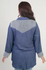 Kadın Önü Fermuarlı Desenli Büyük Beden Kot Gömlek