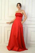 Women's Strapless Lined Long Satin Evening Dress with Pockets