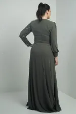 Women's Plus Size Long Chiffon Dress with Sequin and Bead Embellishment, Lined, and Floral Waistline