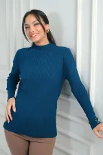 Pull à col roulé pour femme, manches côtelées, boutons décoratifs