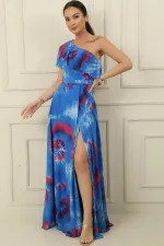 Tek Omuz Astarlı Yırtmaçlı Empirme Uzun Şifon Elbise