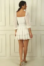 Square Neck, Belted Waist, Lined, Layered Chiffon Dress
