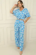 Front and Back V-Neck Crop Top, Elastic Waistband, Pocketed Palazzo Pants, Floral Pattern, 2-Piece Set