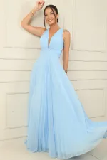 Sırt Dekolteli Önü Düğüm Detaylı Astarlı Pileli Uzun Şifon Abiye Elbise