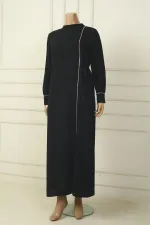 Robe longue en crêpe grande taille pour femme, avec manches zippées, ornements de pierres et fermeture à nouer sur le côté