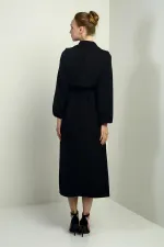 Women's Button-Down Detachable Vest, Elastic Waist, Long-Sleeved Midi Dress