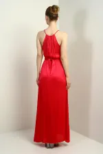 Robe longue en velours côtelé satiné à bretelles, col halter et ceinture fendue sur le devant pour femme