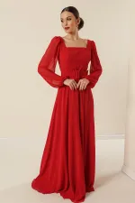 Kare Yaka Beli Kemerli Astarlı Şifon Uzun Abiye