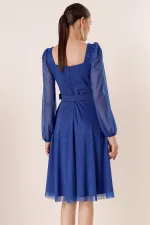 Square Neck, Belted, Balloon Sleeve, Lined, Glittery Dress