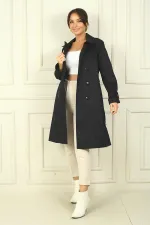 Kadın Beli Ve Kolları Kemerli Önü Düğmeli Cepli Pardesü