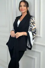 Kadın Kruvaze Yaka Beli Kuşaklı Kollar İspanyol Desenli Saten İçi Astarlı Ceket