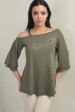 Kadın Tek Omuzlu Fiyonk Taş Baskılı Likralı Bluz