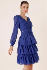 Şifon Gloplu Bel Ve Sırt Dekolteli Kat Kat Elbise