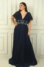 Kadın Ön Arka V Yaka Beli Taş İşlemeli Astarlı Simli Büyük Beden Abiye Elbise