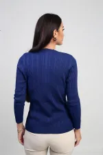 Kadın V Yaka Taş Baskı Detaylı Fitilli Triko Bluz