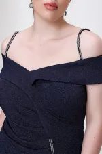 Taşlı İp Askılı Önü Yırtmaçlı Astarlı Büyük Beden Uzun Elbise