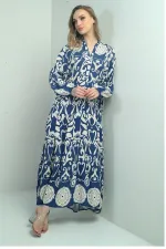 Robe longue hijab pour femme, col mandarin, boutons sur le devant, poignets élastiqués, motif châle