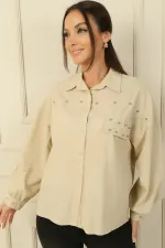 Taş Zımba Detaylı Keten Gömlek