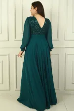 Women's Front and Back V-Neck Sequined Lined Plus Size Long Chiffon Evening Dress