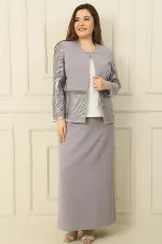 İçi Yarım Ay Kol Bluz Pul NakışişlemeBoncuk Detaylı Ceket Etek Astarlı Büyük Beden 3'lü Takım