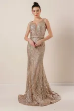 Thick Strap Ghost Tulle Lined Glittery Long Dress