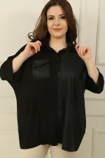 Deri Garnili Tek Cepli Düğmeli Yarasa Kol Büyük Beden Çilek Bluz