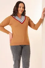 Şeritli V Yaka Büyük Beden Triko Kazak