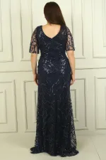 Women's Front Back V Neck Beaded-Sequin Embroidered Lined Plus Size Dress