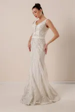 Thick Strapped Ghost Tulle Lined Glittery Long Dress