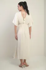 Women's Wrap Neckline Back Lace-Up Embroidered Long Dress