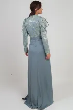 Kadın Üstü Pul Sim Detaylı Eteği Büzgülü Astarlı Şifon Uzun Elbise