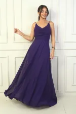 Kadın İp Askılı Drapeli Astarlı Şifon Uzun Elbise