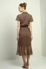 Kadın Kruvaze Yaka Astarlı Çıtır Desen Önü Volanlı Şifon Elbise