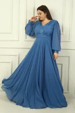 Kadın Ön Arka V Yaka Üstü Pulpayet Astarlı Büyük Beden Uzun Şifon Abiye Elbise