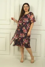 Women's Round Neck Short Sleeve Lined Double Layer Floral Plus Size Chiffon Dress