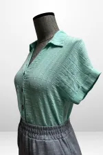 Kadın Polo Yaka Kendinden Desenli Keten Gömlek