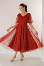 Front and Back V-Neck Short Balloon Sleeved Lined Spider Pattern Glitter Dahlia Fabric Dress