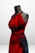 Kadın Önü Drapeli Astarlı Boncuk Detaylı Çiçekli Uzun  Şifon Elbise