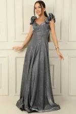 Düşük Volan Kol Drapeli Astarlı Simli Uzun Elbise