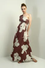 Kadın Tek Omuz Yandan Pencereli Büyük Yaprak Desenli Uzun Krep Saten Elbise