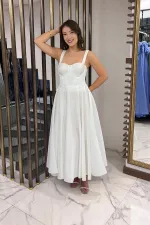 Kadın Askılı Sırtı İpli Korsajlı Saten Kloş Midi Elbise