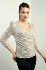 Women's Wrap Neckline Front Draped Lined Sequin Long-Sleeved Blouse