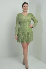 Kadın Ön Arka V Yaka Astarlı Drapeli Uzun Kollu Büyük Beden Pulpayet Elbise