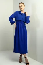 Women's Button-Down Detachable Vest, Elastic Waist, Long-Sleeved Midi Dress