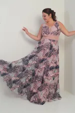 Kadın V Yaka Kalın Askılı Beli Dekolteli Nakışlı Uzun Kloş B.B. Elbise